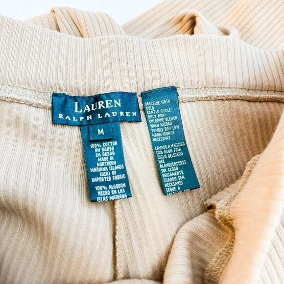 Ralph Lauren Khaki Cream Ribbed Knit Cotton Wide Leg Pant Size M - Picture 4 of 5